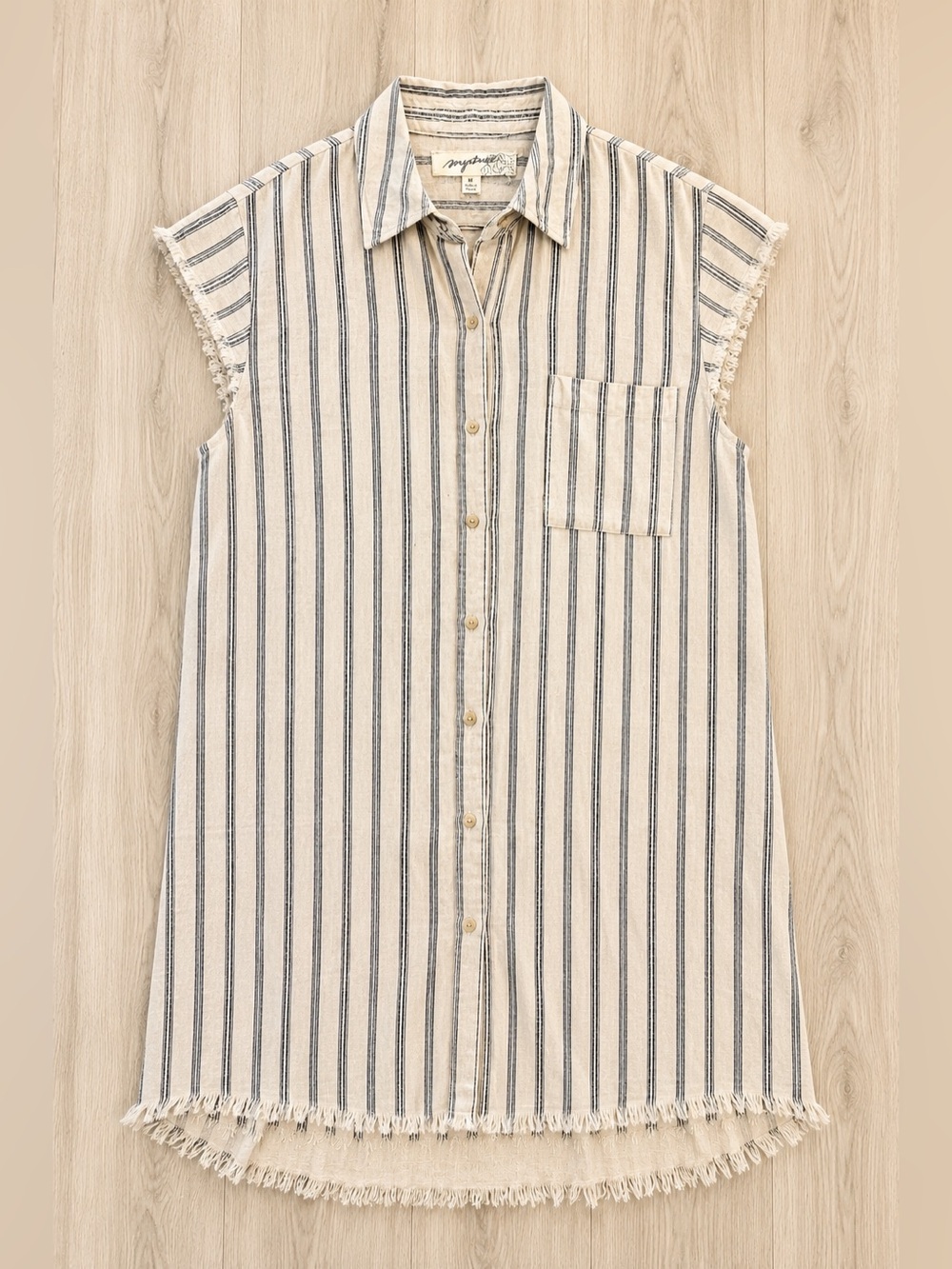 Mystree Coastal Boho Linen Blend Stripe Tunic Dress Coverup Fringe Raw Hem M E12